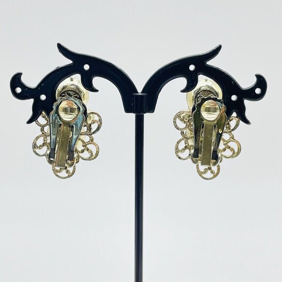 Filigree Faux Pearl Earrings Clip On Aurora Borealis Beads Gold Tone Glam Bling - Picture 10 of 10